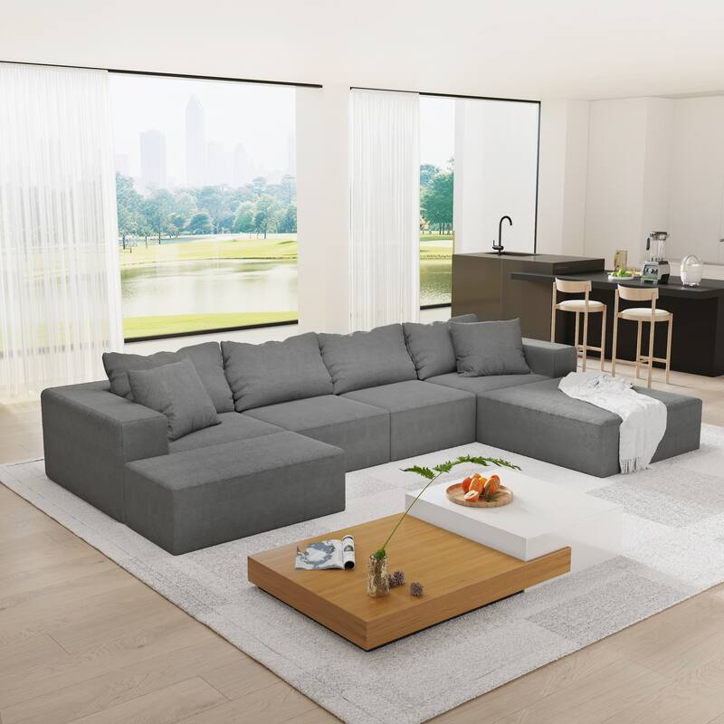 L Shaped Modular Sectional Sofa with Ottoman, Oversized Chenille Upholstered Boneless Sofa, Compression Sofa with 6 Pillows