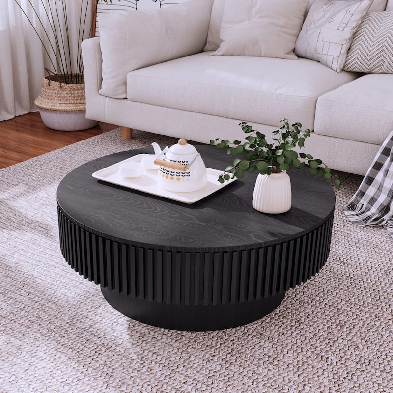 Modern Solid Wood Veneered Round/Oval Coffee Tea Table with Storage