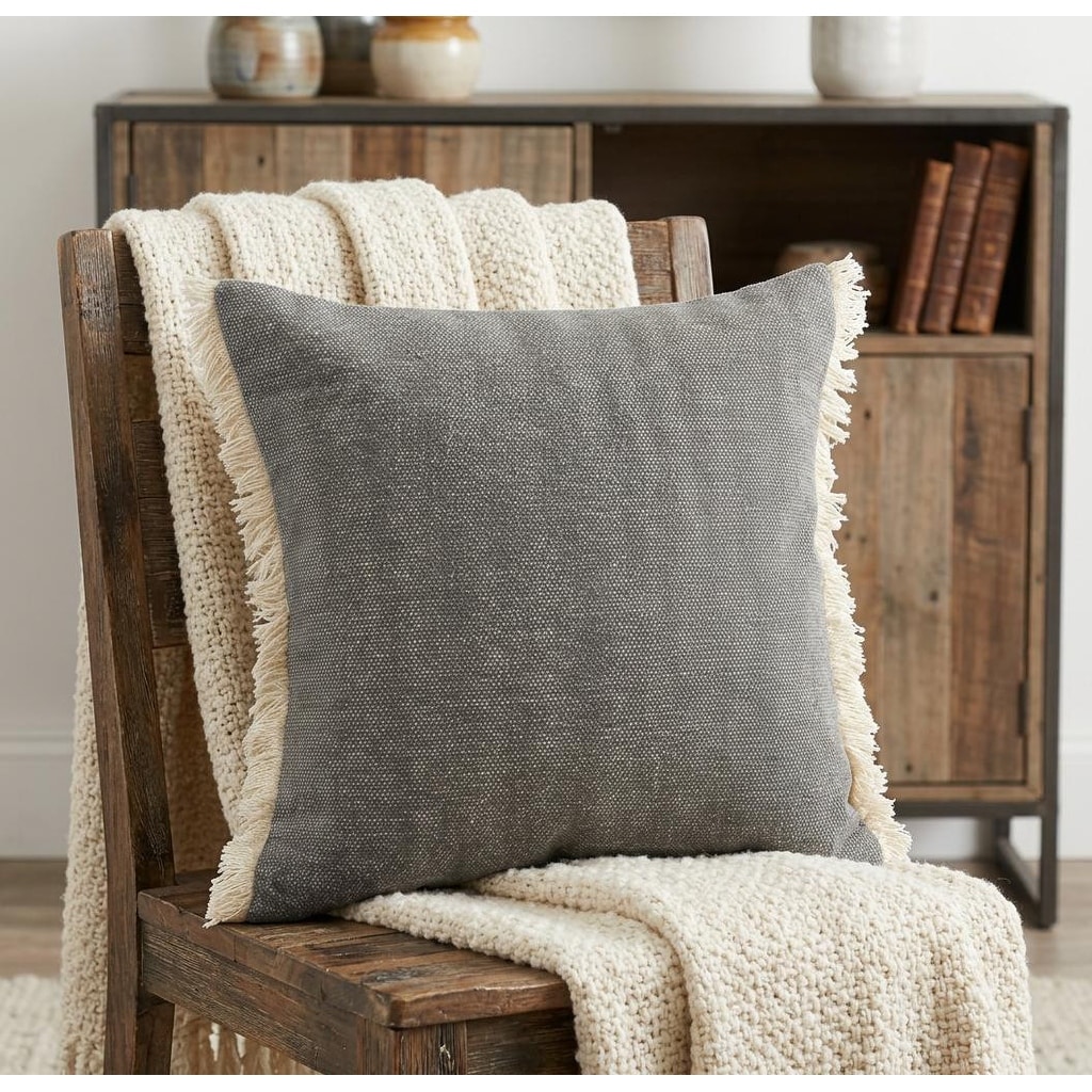 HomeRoots 20" Gray And Ivory Cotton Color Block Throw Pillow with Fringe