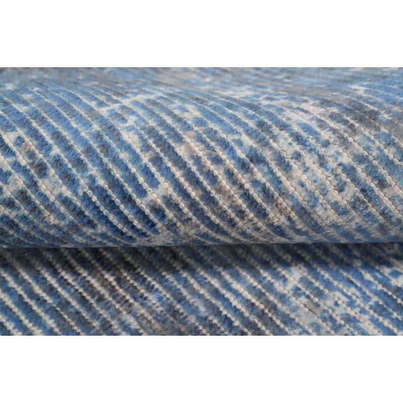 Hand Knotted Oriental Viscose Silk Carpet Modern Abstract Navy Blue & Blues Abstract Area Rug - 7' 10'' X 5' 5''