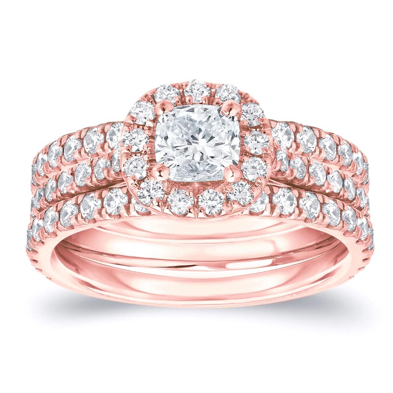 Auriya 1 1/4ctw Cushion-cut Halo Diamond Engagement Ring 3pc Set 14k Gold