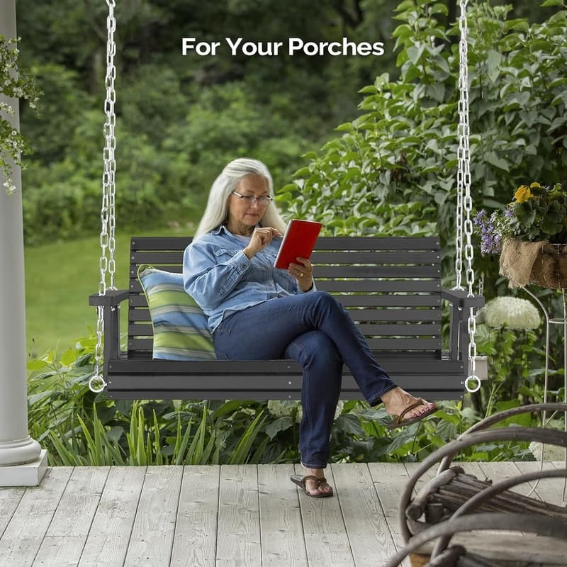 4ft Upgraded Outdoor Acacia Porch Swing, Heavy Duty 880 LBS Wooden Hanging Chair with Adjustable Chains for Yard - N/A