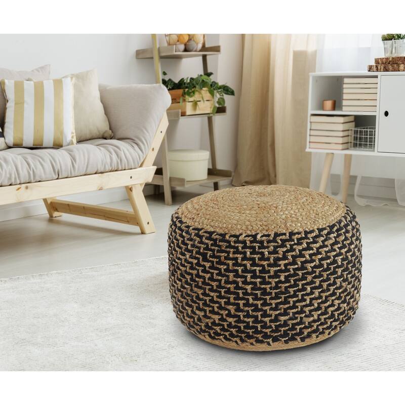 18" Brown and Black Braided Round Pouf Ottoman