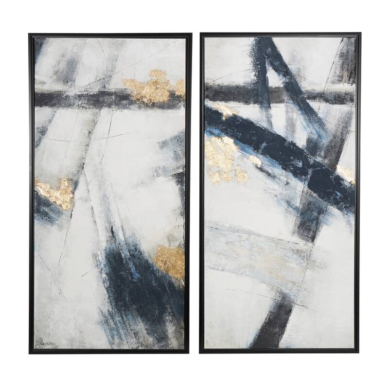 Light Gray Canvas Lines Abstract Framed Wall Art with Gold Foil Accents (Set of 2) - Grey