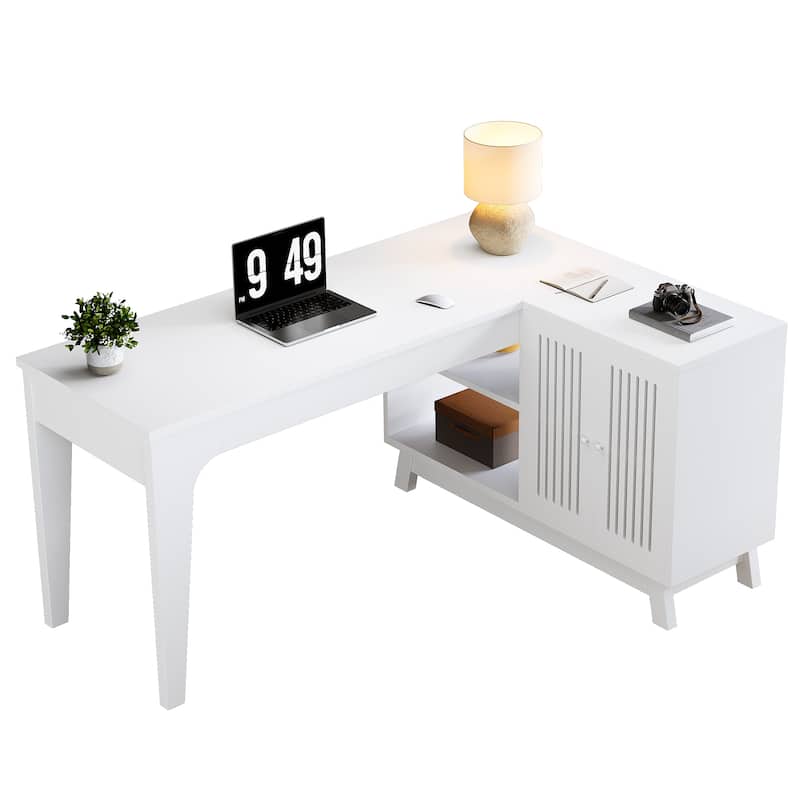 L-Shaped Desk with Storage Cabinet, 57-Inch Wood Corner Workstation