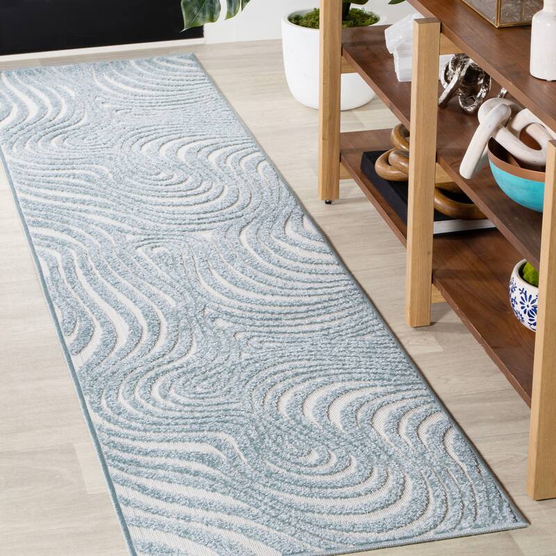 JONATHAN Y Nordby Abstract Groovy Striped Light Blue/Ivory Area Rug - 2' x 10'