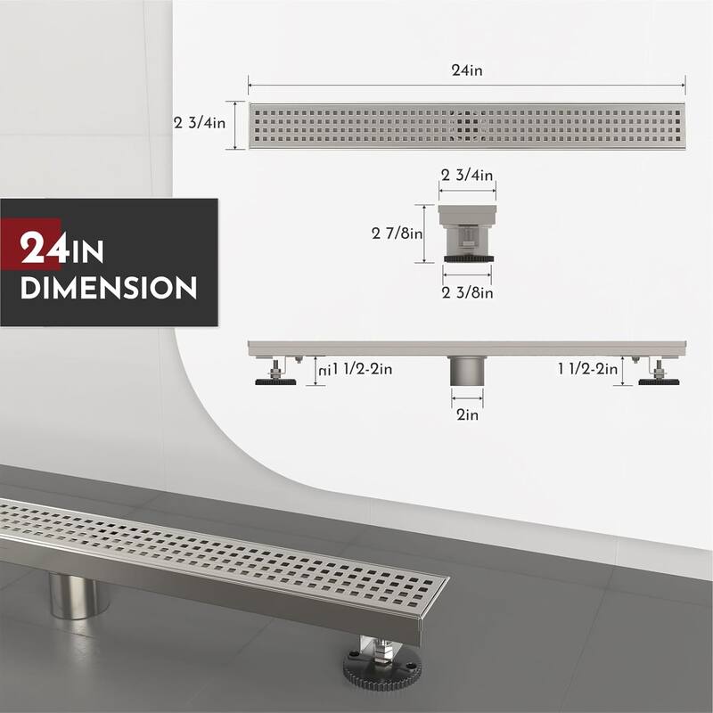 24-Inch Linear Shower Floor Drain, Square Hole Grate - 24 inch
