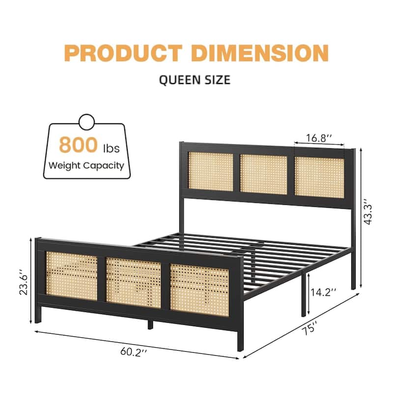 Rattan Bed Frame with Headboard, Black Bohemian Cane Platform Bed Frame
