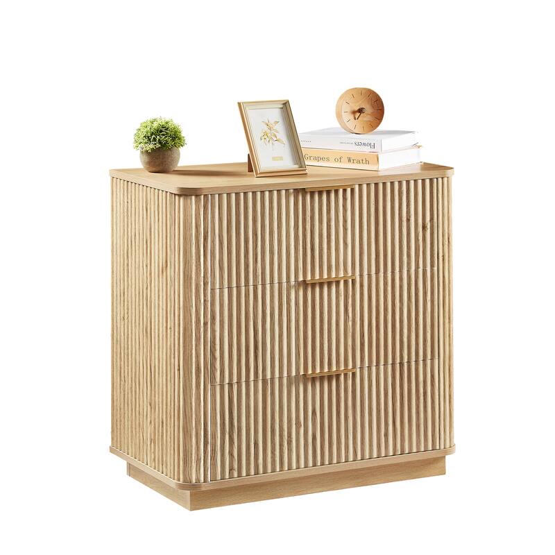 Anmytek 2 Pack 3 Drawer Dresser 27.6 Inch Wide Curved Wave Design Oak Wood Nightstand Organizer