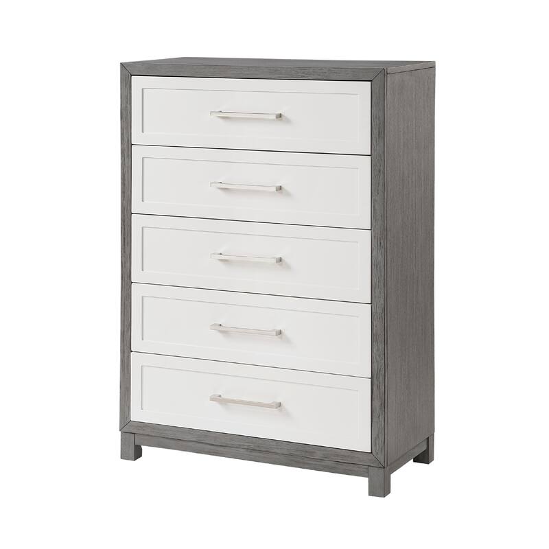 Rowy Tall Dresser Chest, 5 Drawer Bar Handles, Ivory and Gray Veneer