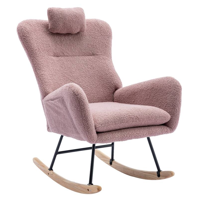 Teddy Fabric Wingback Rocking Chair for Nursery with Safe Solid Wood Base