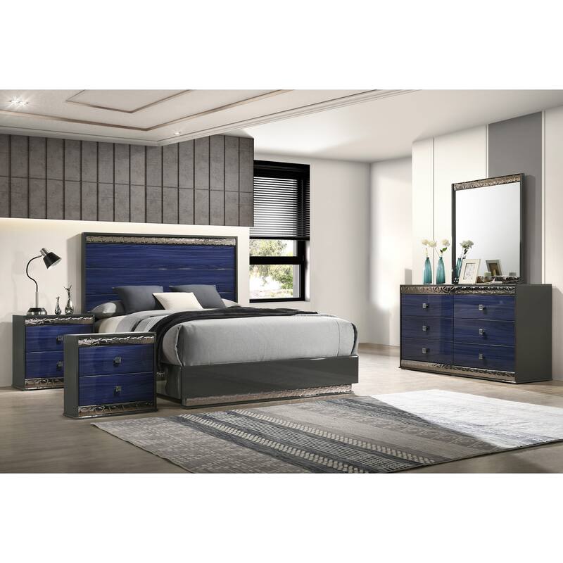 Furniture of America Luzen Glam 5-Piece Two-Tone Blue Wood Queen Platform Bedroom Set - Ash Grey