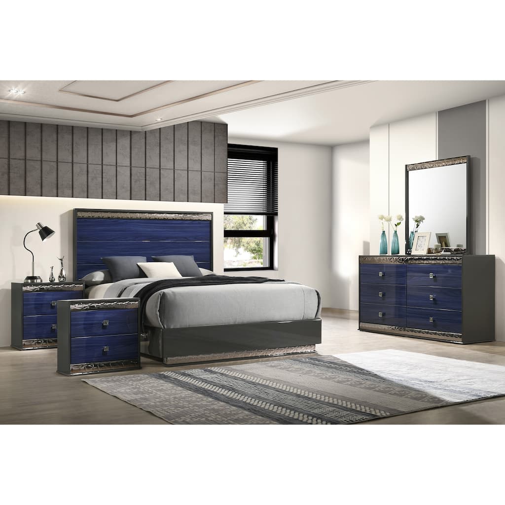 Furniture of America Luzen Glam 5-Piece Two-Tone Blue Wood Queen Platform Bedroom Set