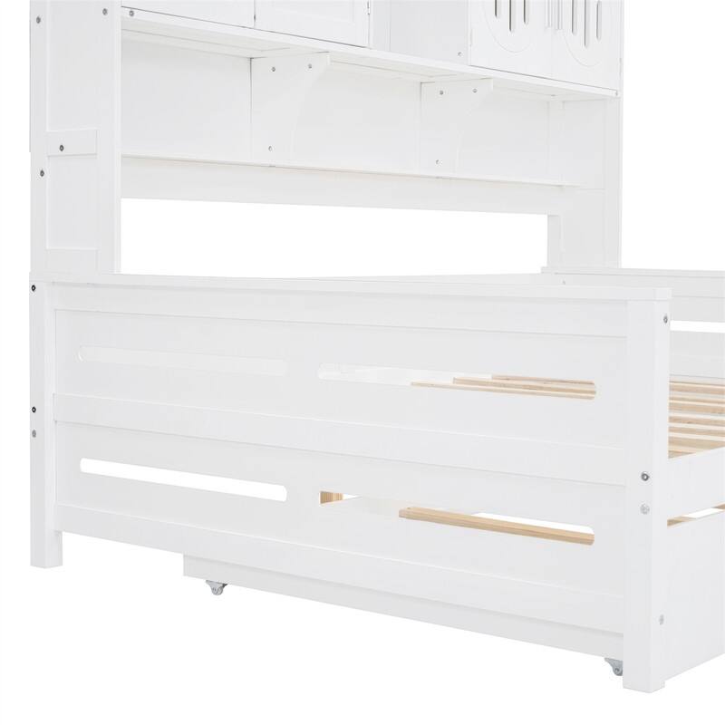 Wooden Daybed with Twin Size Trundle and All-in-One Cabinet, Twin/Full Size Daybed Frame Sofa Bed with Storage Shelves