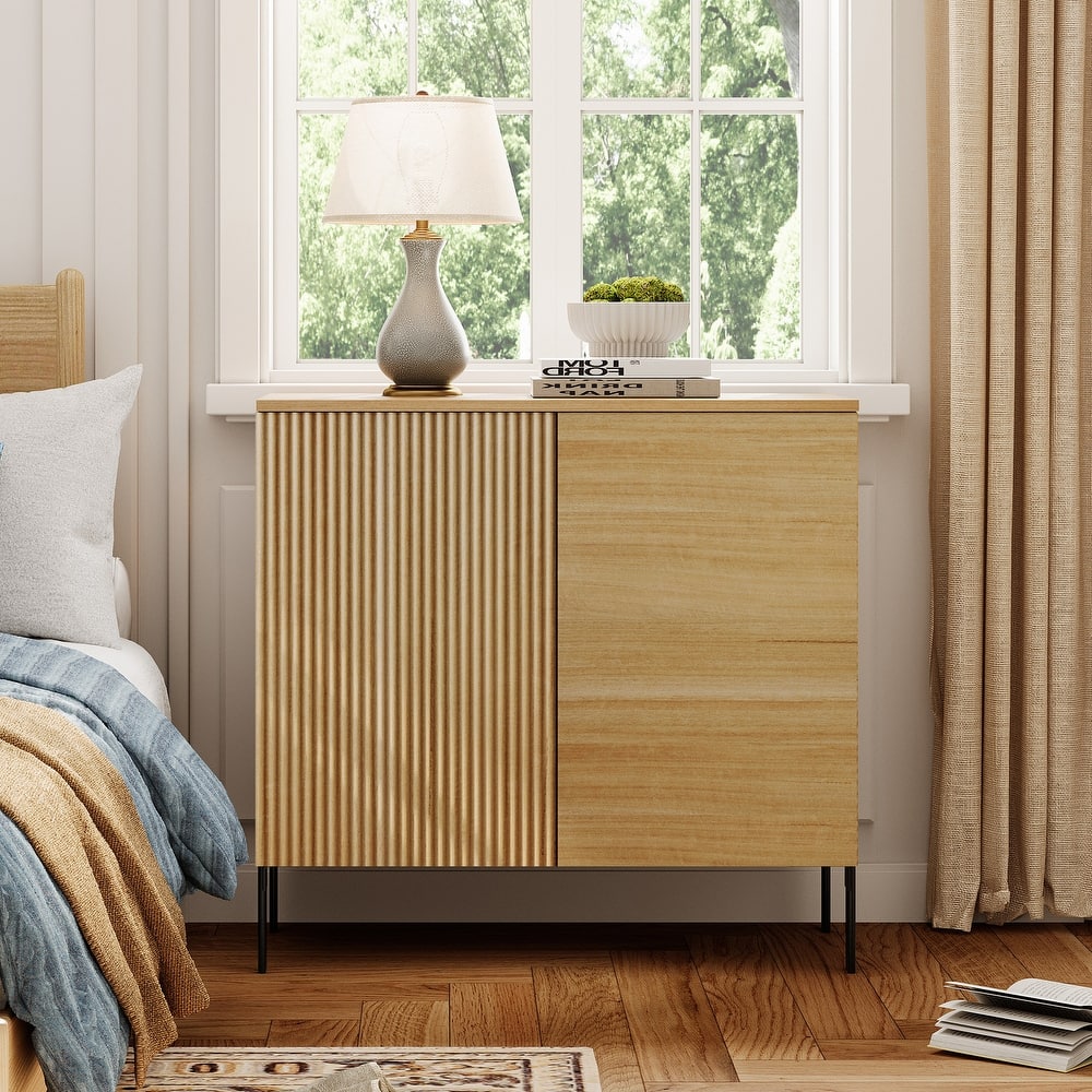 Modern Minimalist Wood Nightstand With Doors ,31.5" End Table,Reeded Design Bedside Table