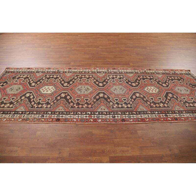 Geometric Orange Hamedan Vintage Runner Rug Handmade Wool Carpet - 3'6" x 10'1"