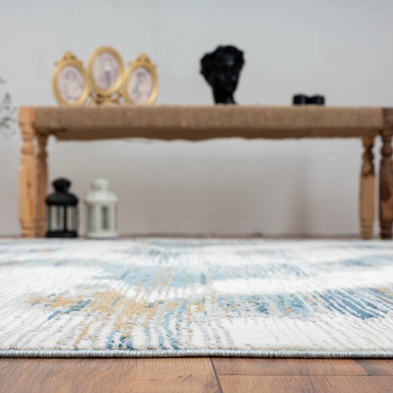 N Natori Bliss Ikat Blue/Grey Modern Area Rug