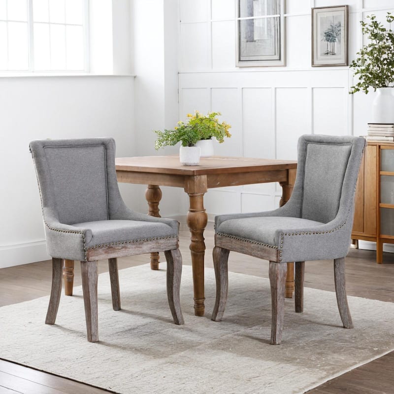 Ultra Side Dining Chair，Thickened fabric chairs with neutrally toned solid wood legs， Bronze nail head，Set of 2 - Grey