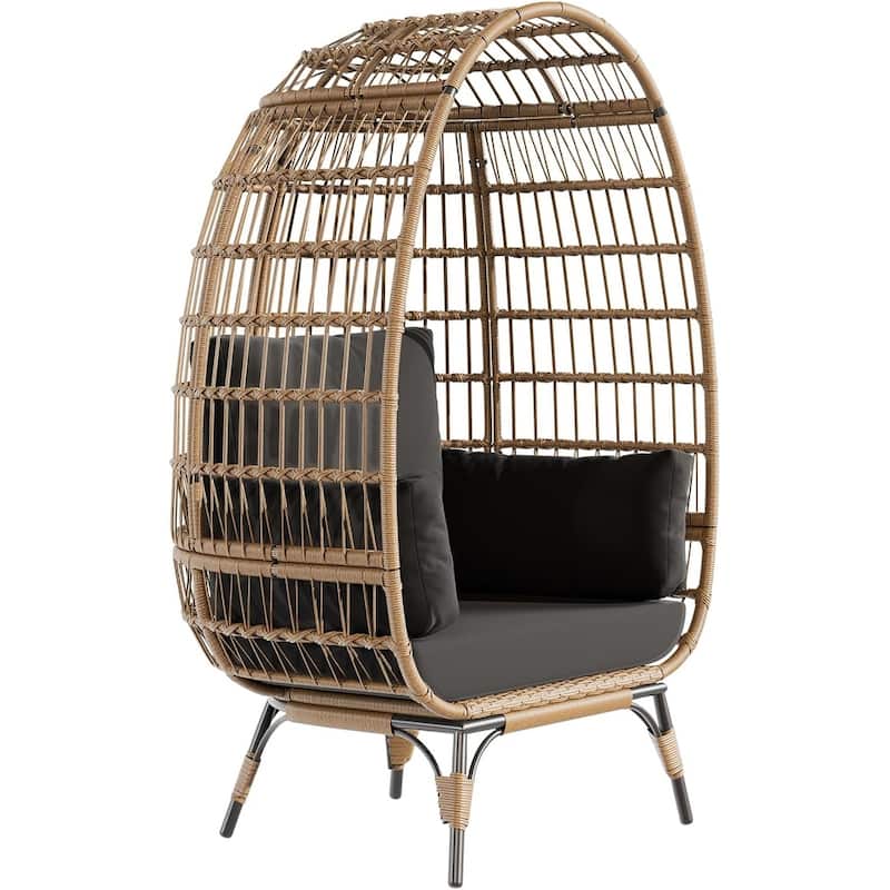 Oversize Wicker Egg Chair Outdoor with Steel Frame, Egg Basket Lounge Chair with 4 Cushions