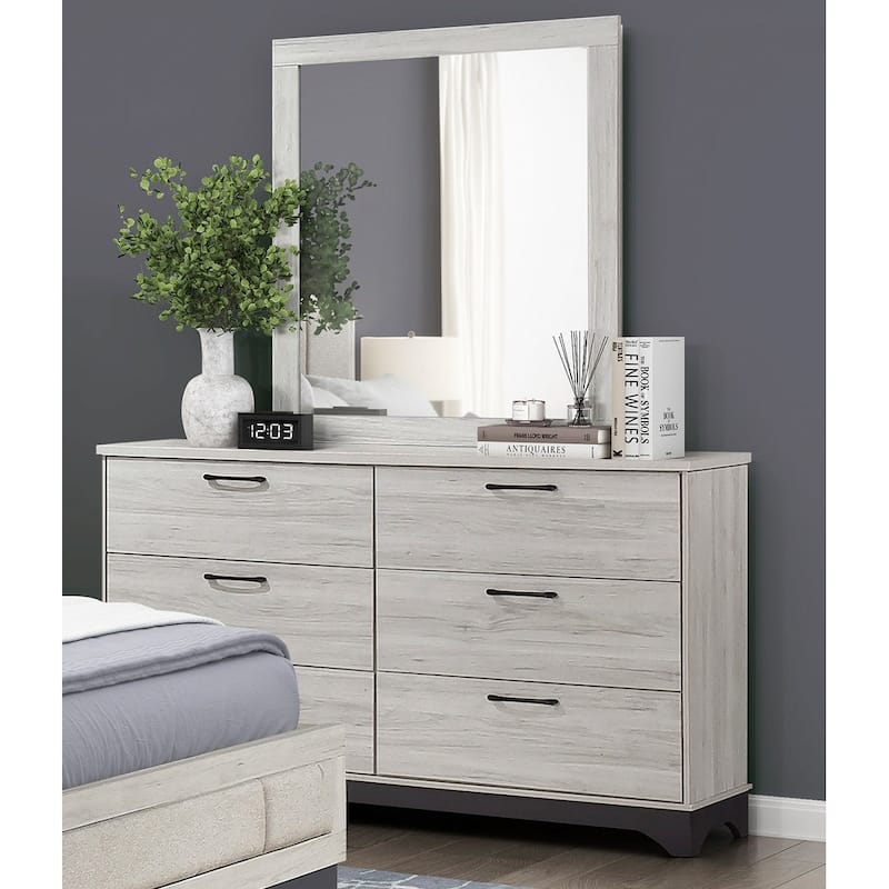 Two-Tone Finish Bedroom Set 3pc Platform Upholstered Bed Dresser Mirror