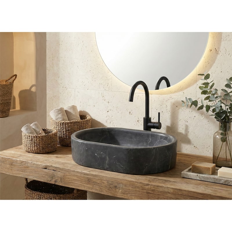 Roomfitters Marble Bathroom Vessel Sink, Natural Stone Countertop Wash Basin, Oval Matte Vanity Bowl, Dark Grey