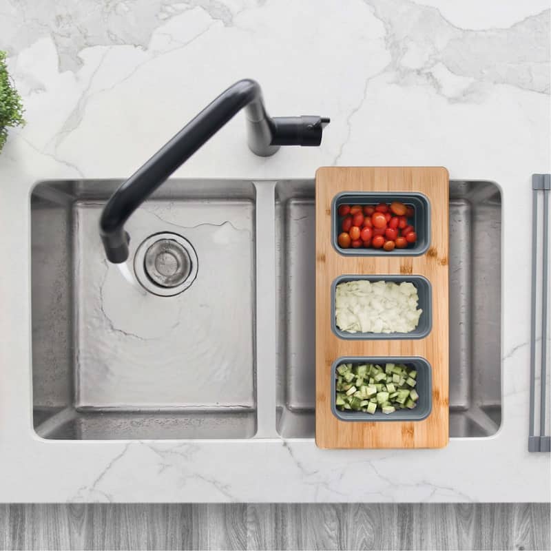 STYLISH 17 inch Workstation Sink Divided Serving Board with 3 Collapsible Containers - 18" x 8.5"