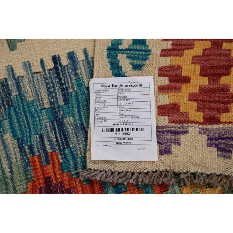 South Western Style Kilim Large Rug Hand-Woven Oriental Wool Carpet - 10'1"x 16'1"