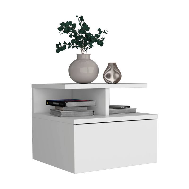 Modern easy-to install bedside Nightstand,Wall Mounted with Single Drawer and 2-Tier Shelf,for Bedroom,Closet,Entryway