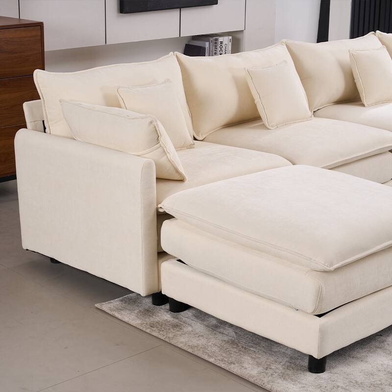 131.89" Chenille U-Shaped Sectional Sofa Bed with Sleeper & Iron Frame Support