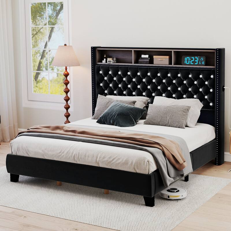Moasis King Size Velvet Upholstered Bed Frame with Storage Headboard with USB Charging Stations - Black