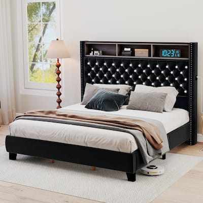 Moasis King Size Velvet Upholstered Bed Frame with Storage Headboard with USB Charging Stations
