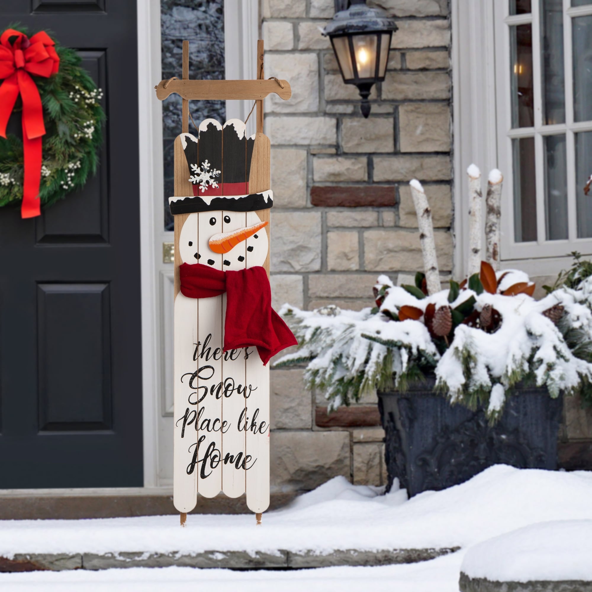 Glitzhome 42"H Wooden Christmas Sleigh Snowman Porch Sign