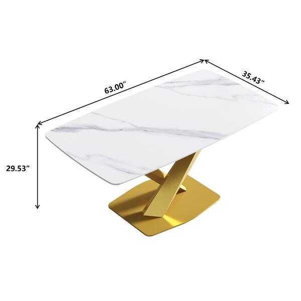 63" Modern Rectangular Sintered Stone Dining Table with Gold X-Shaped ...
