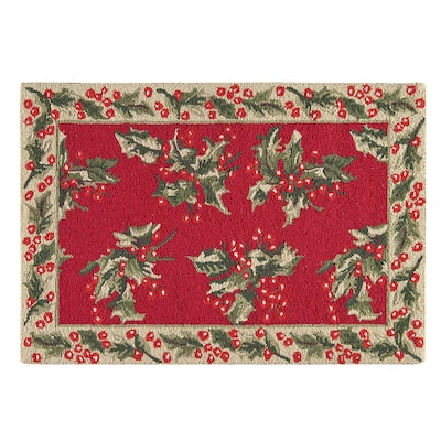 2'0" x 3'0" Holly Red Hooked Christmas Rug - 2' x 3'
