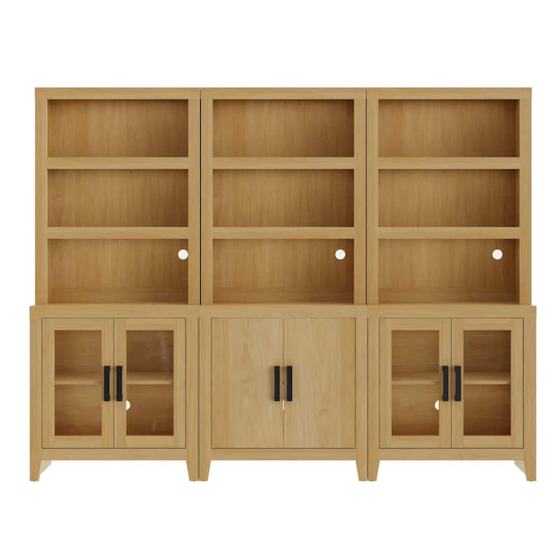 WAMPAT 74" Tall Bookshelf with Glass Doors, Farmhouse Bookcase with Open Shelves