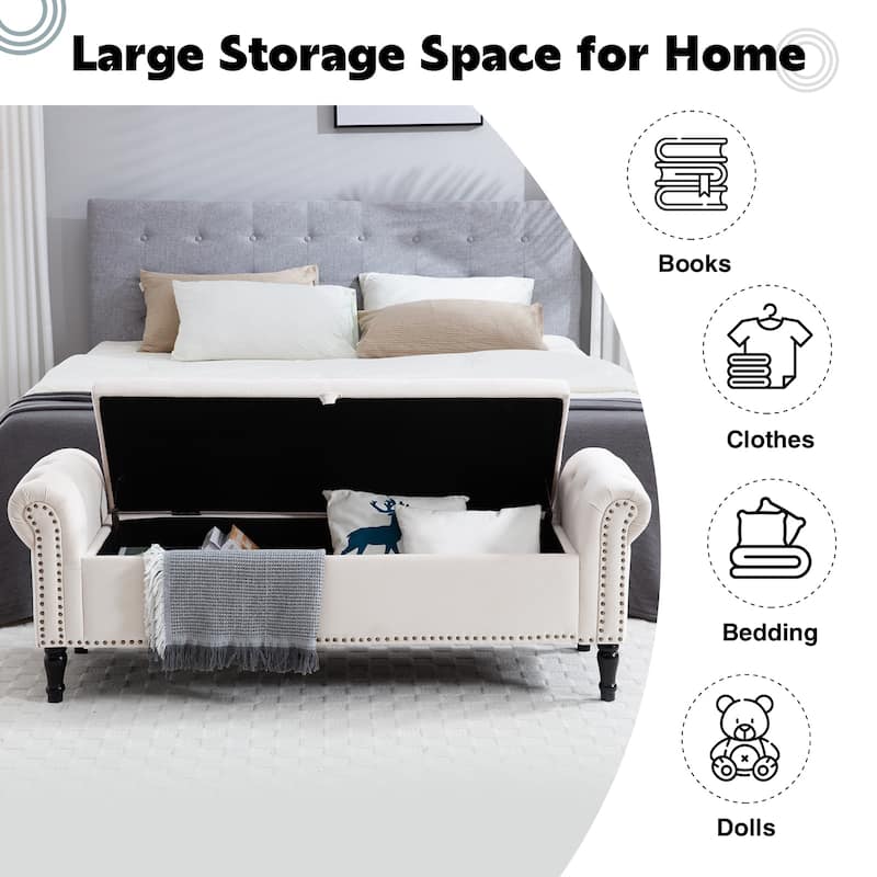 67" Velvet Tufted Storage Bench for Bedroom End of Bed with Roll Arms
