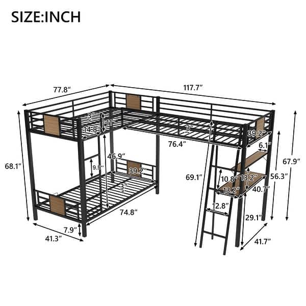 L-Shaped Twin Bunk Kids Bed Frame with Loft, Desk & Shelves, Easy Assembly, Brown