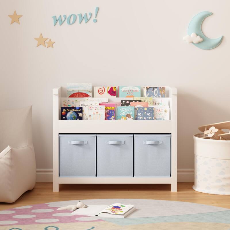 Anmytek White Kids Bookshelf with 3 Light Blue Fabric Bins - Wooden Book and Toy Storage Organizer with Tiered Display