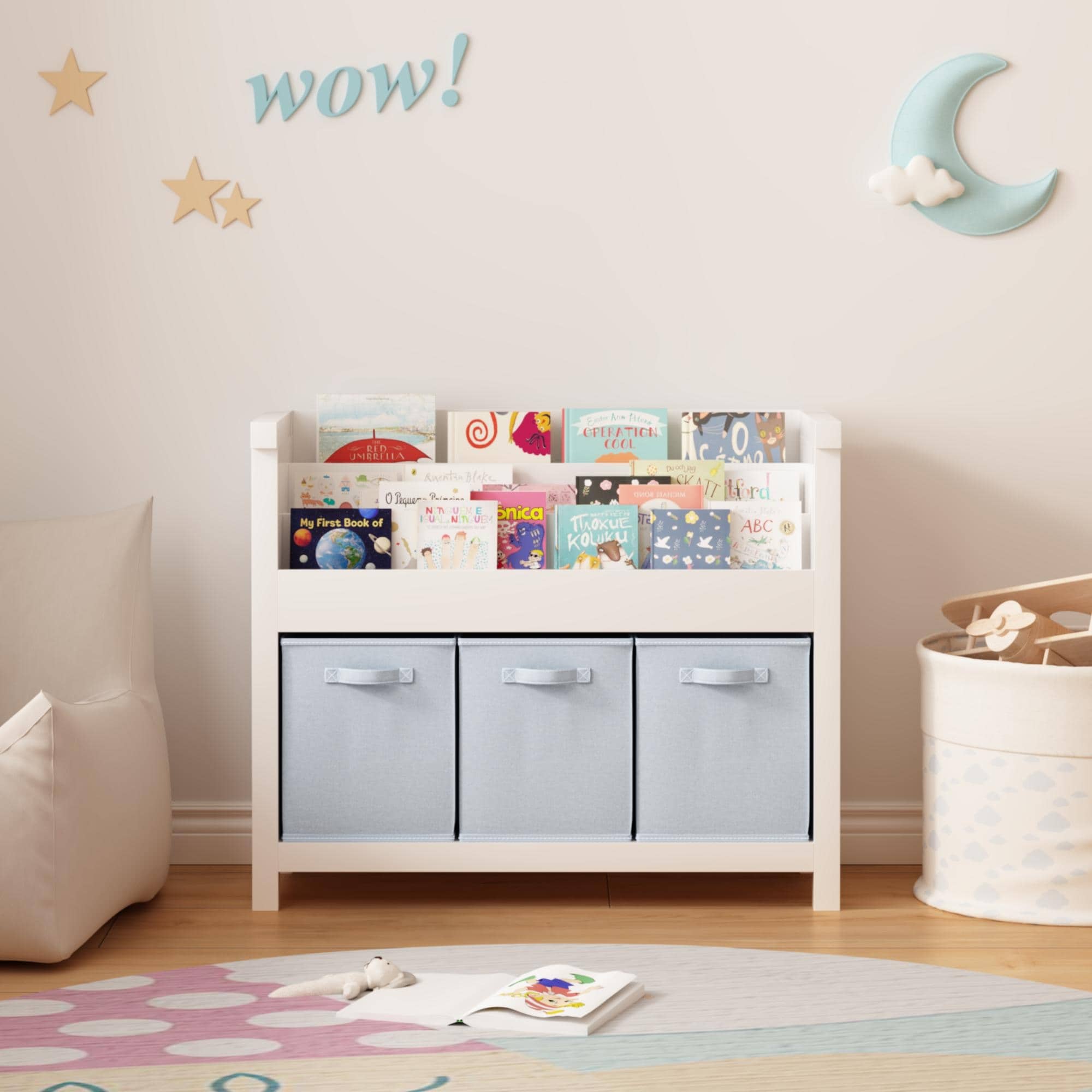 Kids Bookshelf with 3 Tier Front-Facing Storage and 3 Fabric Bins, Wooden Toddler Bookcase for Playroom, Nursery, Bedroom