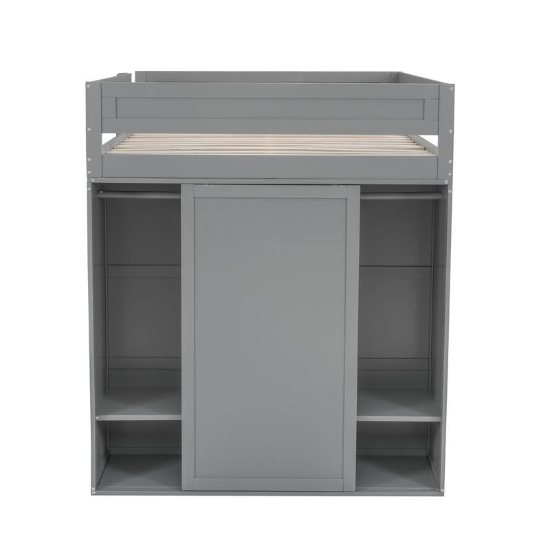 Full Size Loft Bed with Wardrobes, Desk, and Storage Cabinet in Gray