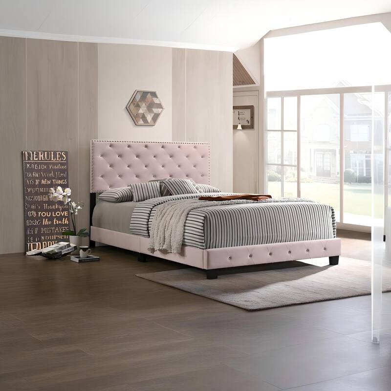 Queen Size Velvet Platform Bed with Sturdy Frame and Easy Assembly - Pink