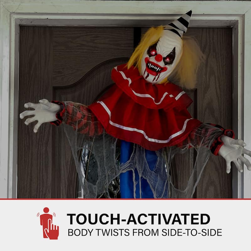 Haunted Hill Farm Wiggles the Animatronic Twisting, Talking Clown Greeter with Folding Door Hook for Scary Halloween Decoration
