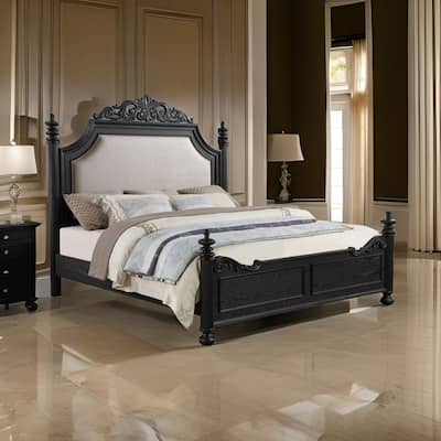 Berry King Size Bed, Scrolled Headboard, Cream Upholstery, Black Wood