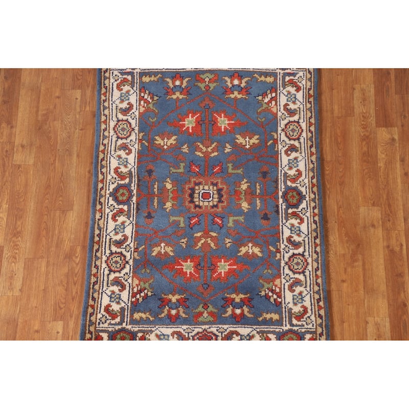 Blue Floral Oushak Indian Area Rug Hand-knotted Wool Carpet - 3'0"x 4'9"
