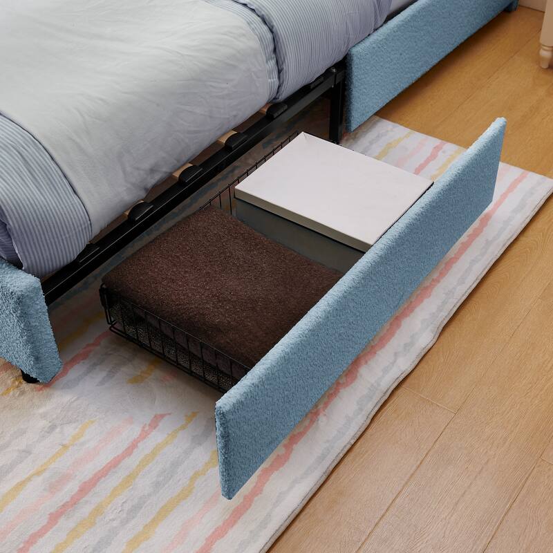 Queen Size Boucle Upholstered Bed with Rabbit Ear Headboard, LED Music Sync & 4 Drawers