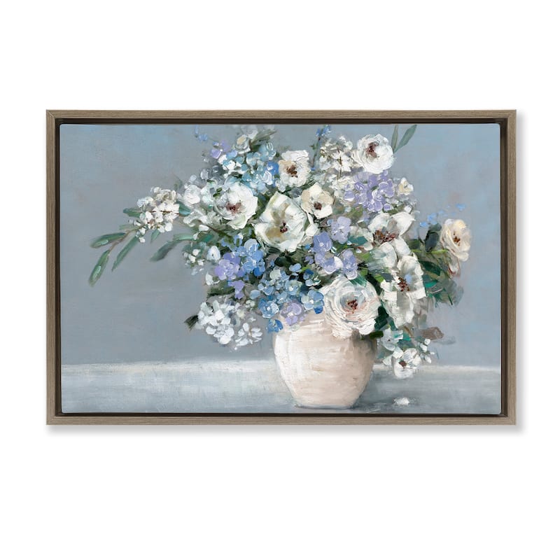 Stupell Elegant Blooms on Blue Framed Floater Canvas Wall Art Design By Sally Swatland - 25 x 17 - Brown