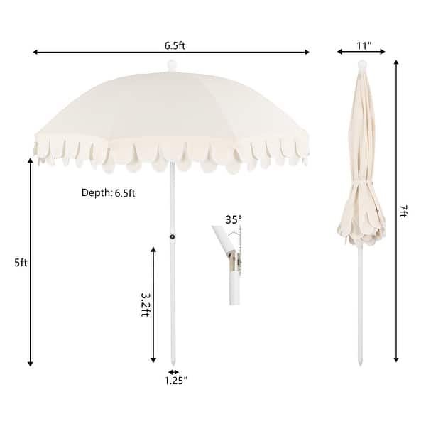 dimension image slide 1 of 4, Horizon Coastal Scalloped Edge Beach Umbrella with Fringe, Push-Button Tilt, UV 50 Outdoor Canopy and Portable Carry Bag