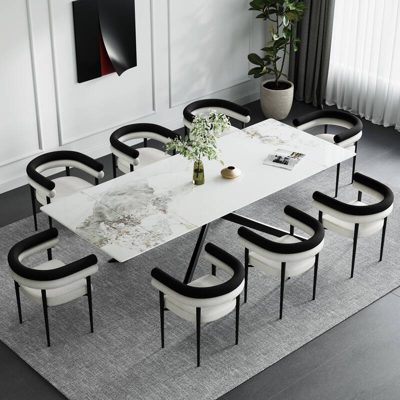 110.24" Extendable Sintered Stone Dining Table With 8 Chairs Dining Table Set - Chanell white