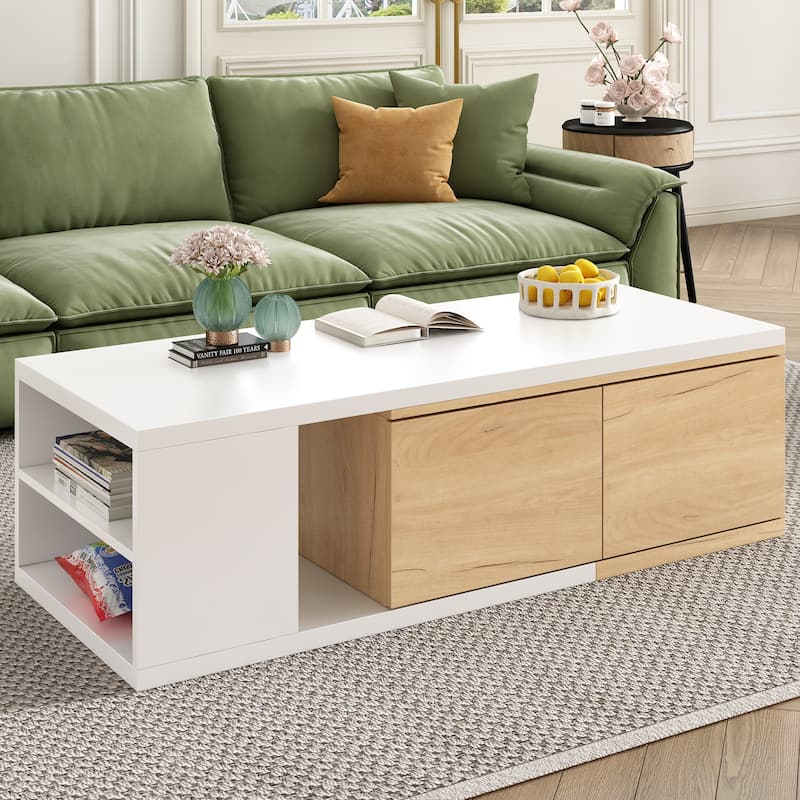 Modern Coffee Table with Extendable Sliding Tabletop and 2 Drawers - White