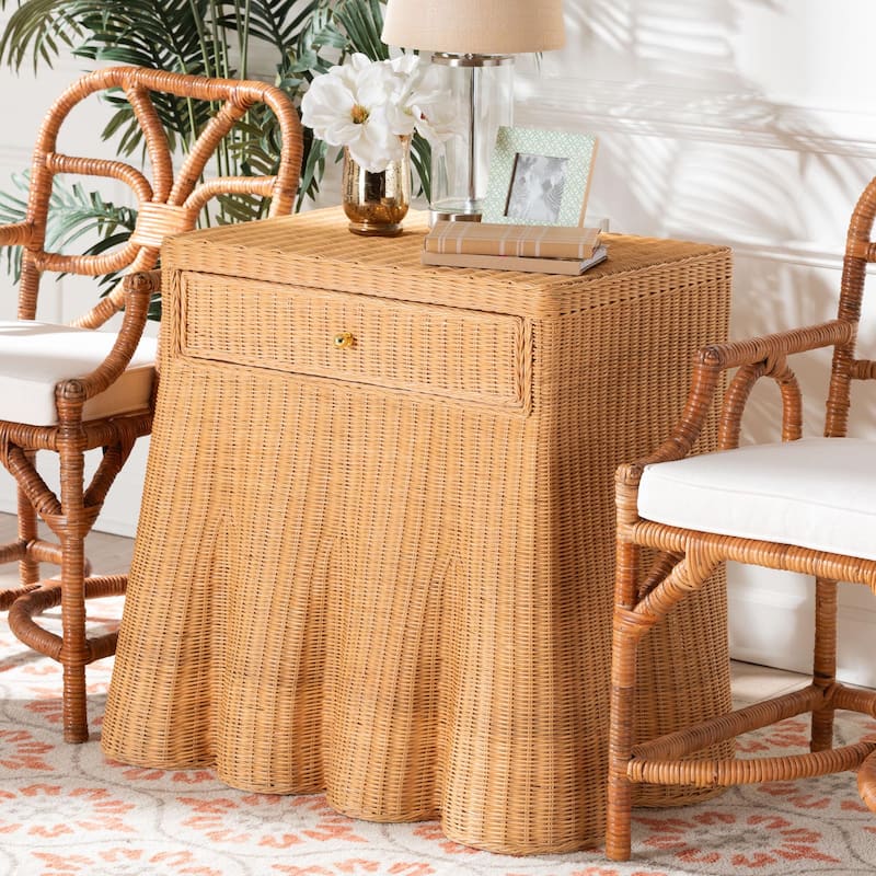 Chica Scalloped Natural Rattan Console Table with Drawer - Handwoven Wicker Accent Table with Flared Skirt, Coastal Boho Style